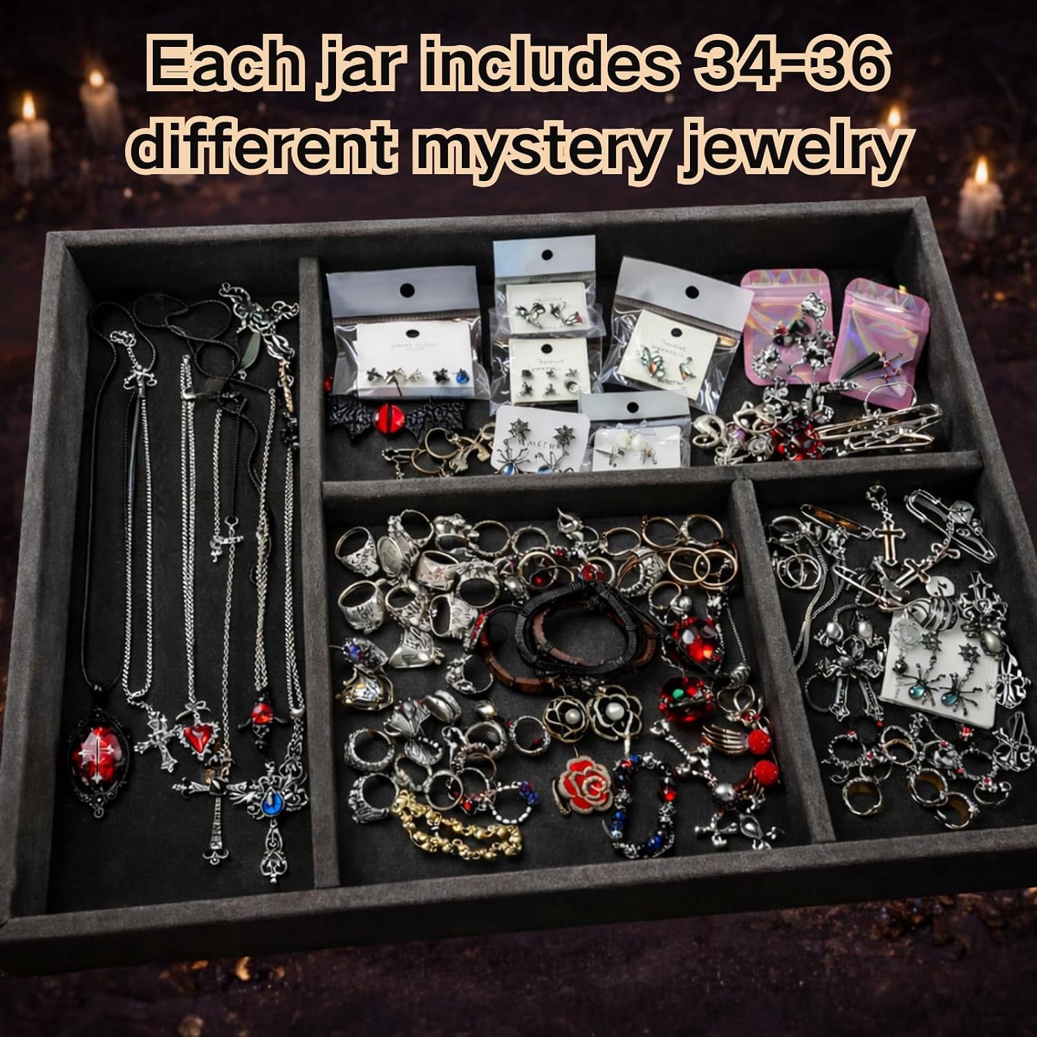 Gothic Mystery Jewelry Jar Witchy Jewelry Gift Set Surprise Jewelry Set Includes Necklaces, Earrings, Rings, Bracelets, Brooch for Unique Anniversary Birthday Friendship