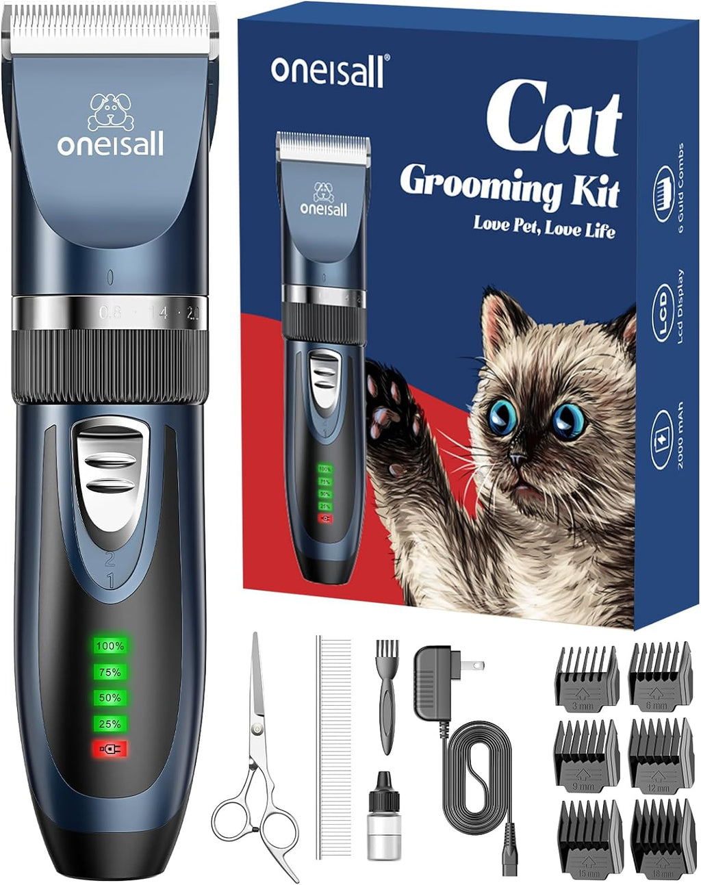 Ultra-Quiet Cat Grooming Clippers - 2-Speed Kit for Matted & Long Hair with 240Mins Battery Life, Adjustable Blades, 6 Guide Guards, Scissors & Steel Comb - Perfect for Cats & Small Dogs