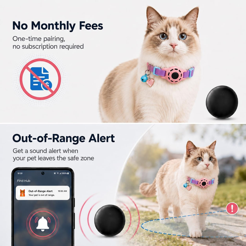 Cat Tracker GPS for Android, Pet GPS Tracker Collar for Cats No Subscription, IP67 Waterproof Cat Collar with Tracker Compatible with Google Find Hub – Replaceable 1-Year Battery, Android Only (Pink)