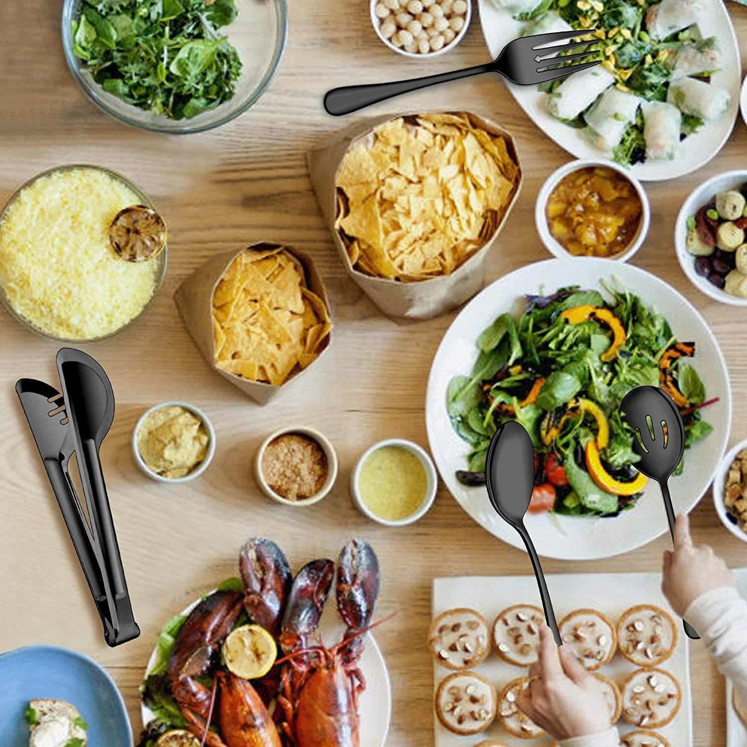 12-Piece Stainless Steel Black Serving Utensils, Include 3 Large Serving Spoons, 3 Slotted Serving Spoons, 3 Servin Tongs