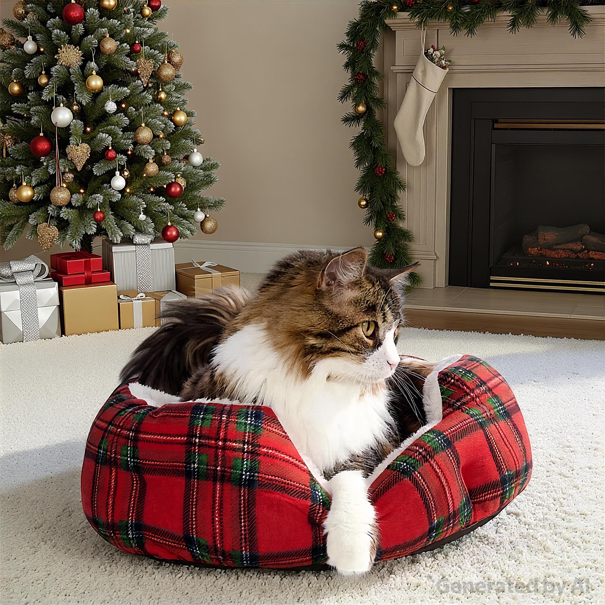 Dog Bed, Cat Bed, Puppy Bed, Plush Cuddle Bed for Small Breeds, 18" X 16", Red and Black Plaid