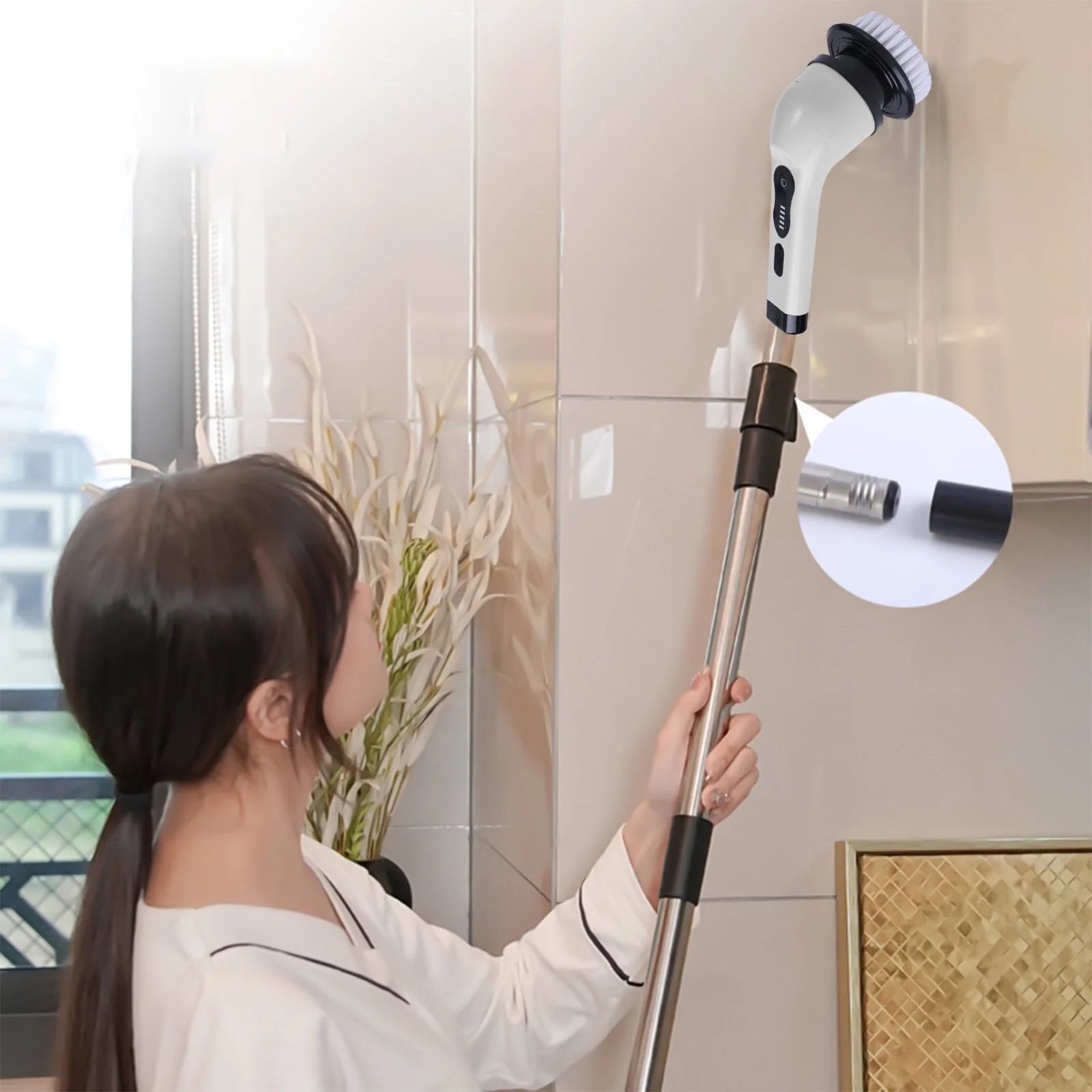 Cordless Electric Spin Scrubber with Long Handle & 6 Replaceable Heads - Versatile Shower & Bathroom Cleaning Tool
