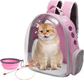 Large Cat Backpack Carrier with Folding Bowl and Teaser Stick for Cats up to 20Lbs with Ventilation and Padded Straps Mochila Para Gatos Transportadora Mascotas (Pink)