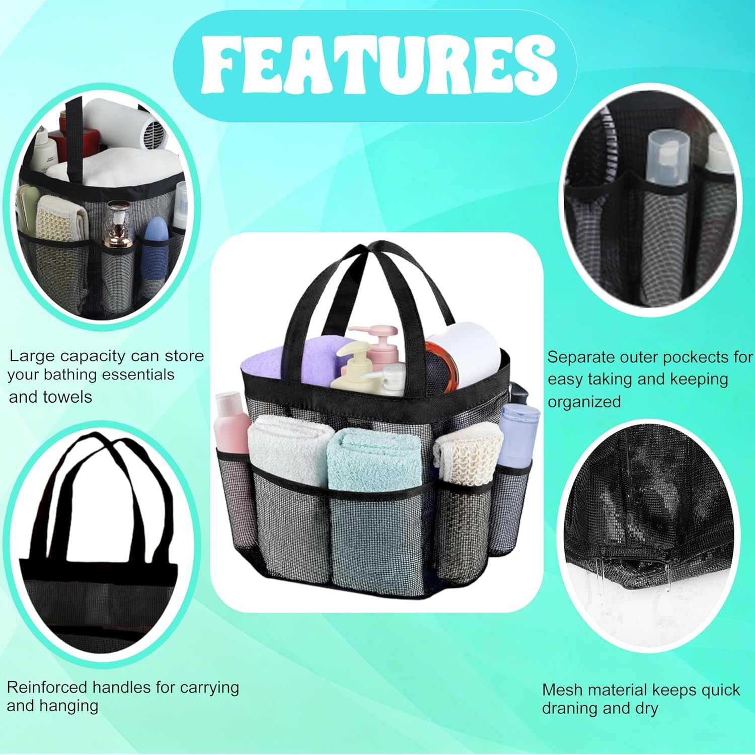 Mesh Shower Caddy Portable, Quick Dry Hanging Shower Tote Bag for College Dorm Room Essentials, Large Capacity Shower Caddy Dorm for Bathroom Gym Swimming