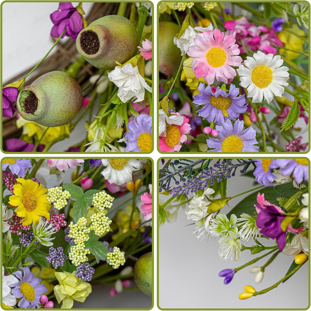 22 Inches Summer Wreaths for Front Door Green Spring Floral Wreath Summer Door Wreath Wildflower Wreaths with Lavender Daisy for Indoors Windows Porch Wall outside All Season