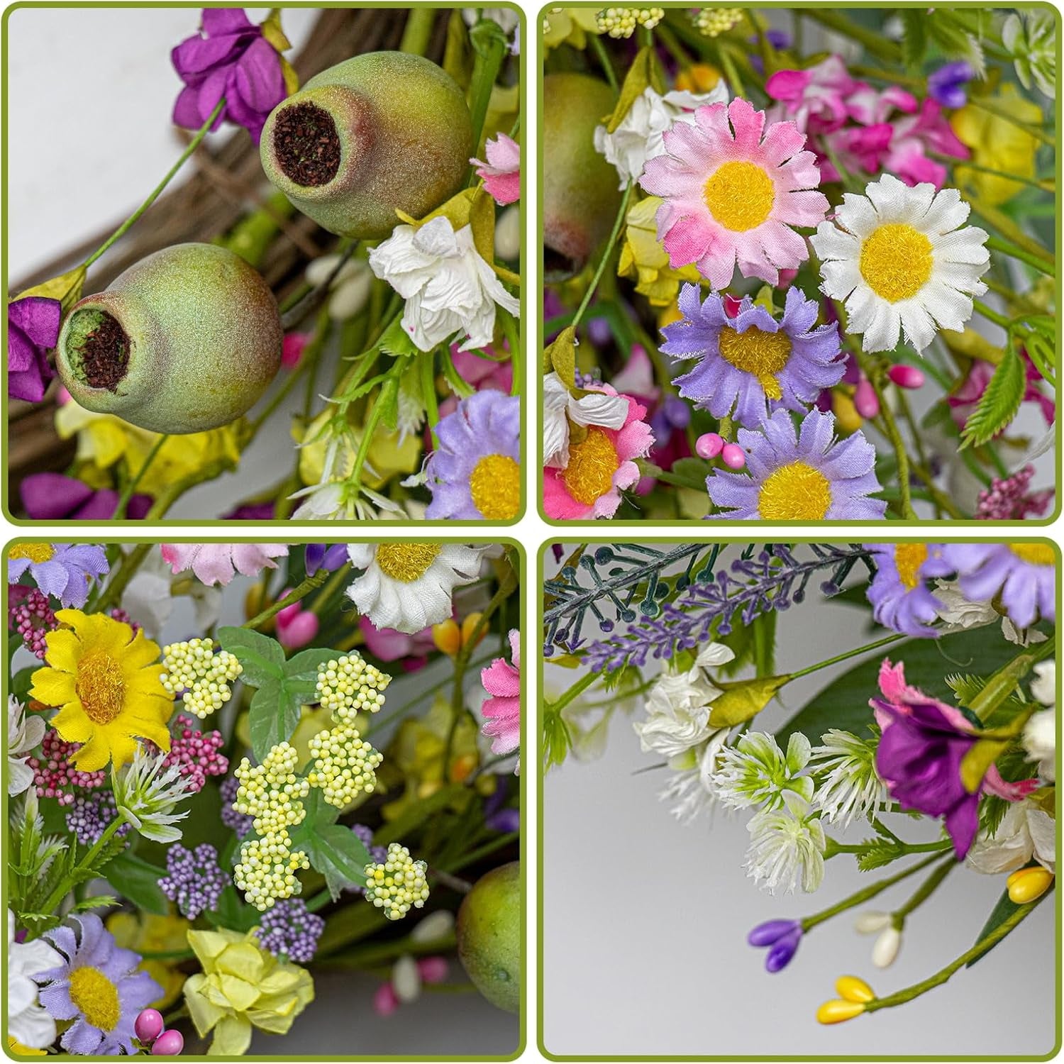 22 Inches Summer Wreaths for Front Door Green Spring Floral Wreath Summer Door Wreath Wildflower Wreaths with Lavender Daisy for Indoors Windows Porch Wall outside All Season