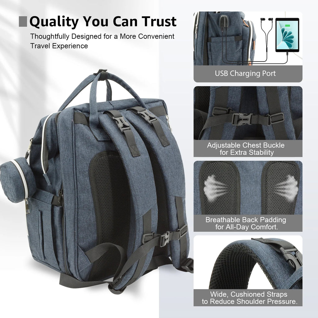 Diaper Bag Backpack with Changing Station, Multifunctional Waterproof Portable Baby Bag for Travel– Large Capacity, Blue