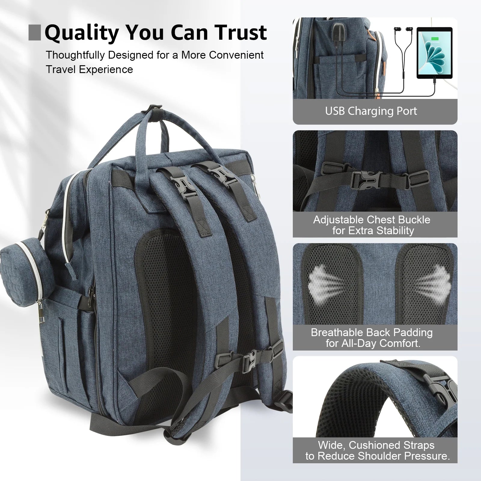 Diaper Bag Backpack with Changing Station, Multifunctional Waterproof Portable Baby Bag for Travel– Large Capacity, Blue
