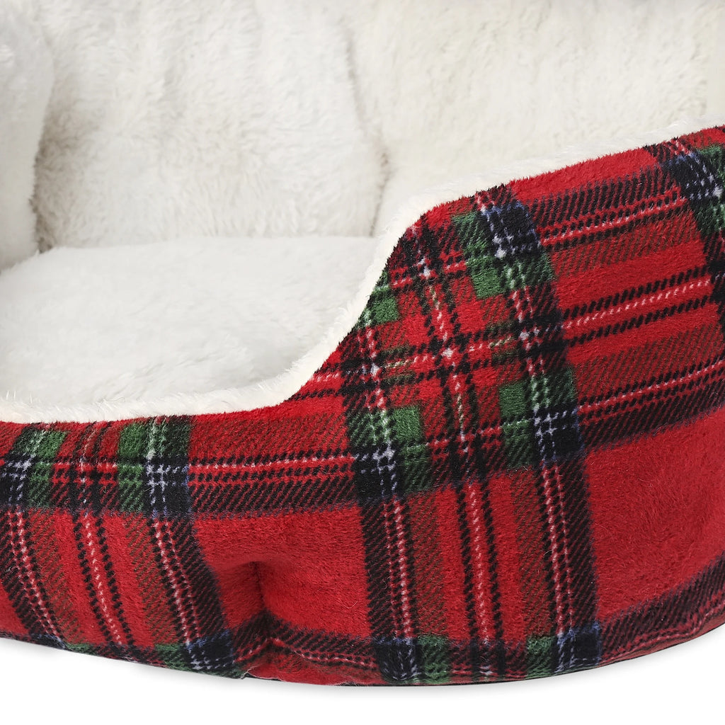 Dog Bed, Cat Bed, Puppy Bed, Plush Cuddle Bed for Small Breeds, 18" X 16", Red and Black Plaid