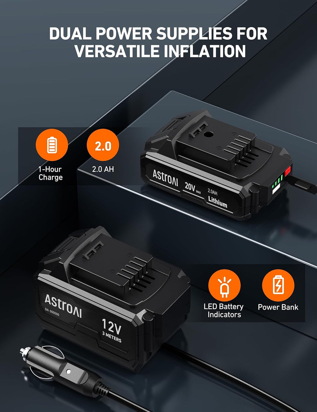 C2 Cordless Tire Inflator Air Compressor 20V Rechargeable Battery Powered 160PSI Portable Handheld Air Pump with 12V Car Power Adapter Digital Pressure Gauge for Cars Motorcycles Blue