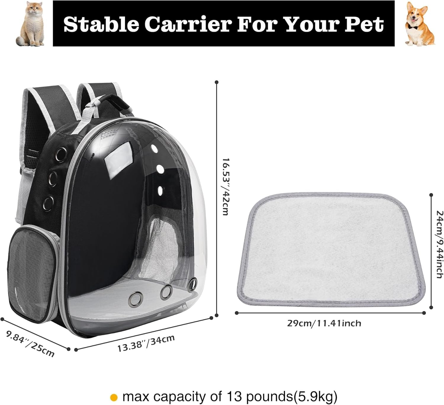Large Cat Backpack Carrier with Folding Bowl and Teaser Stick for Cats up to 20Lbs with Ventilation and Padded Straps Mochila Para Gatos Transportadora Mascotas (Black)