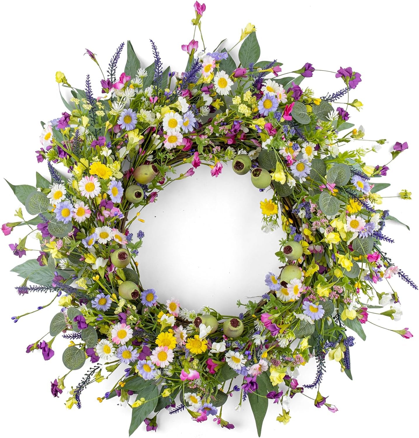 22 Inches Summer Wreaths for Front Door Green Spring Floral Wreath Summer Door Wreath Wildflower Wreaths with Lavender Daisy for Indoors Windows Porch Wall outside All Season