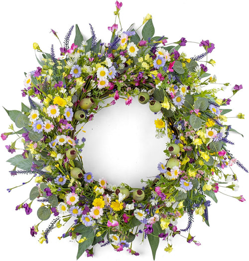 22 Inches Summer Wreaths for Front Door Green Spring Floral Wreath Summer Door Wreath Wildflower Wreaths with Lavender Daisy for Indoors Windows Porch Wall outside All Season