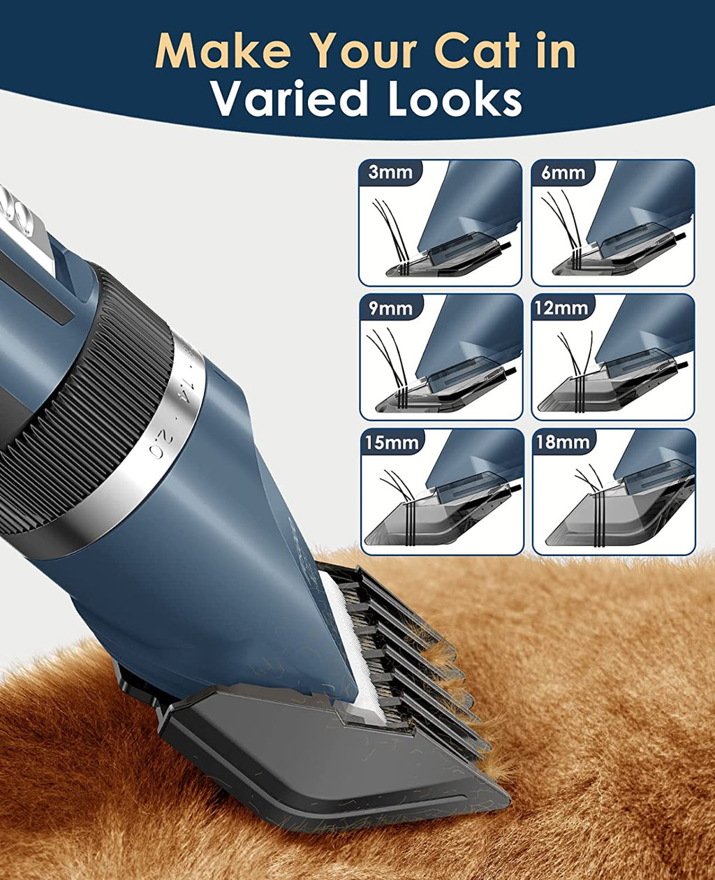 Ultra-Quiet Cat Grooming Clippers - 2-Speed Kit for Matted & Long Hair with 240Mins Battery Life, Adjustable Blades, 6 Guide Guards, Scissors & Steel Comb - Perfect for Cats & Small Dogs