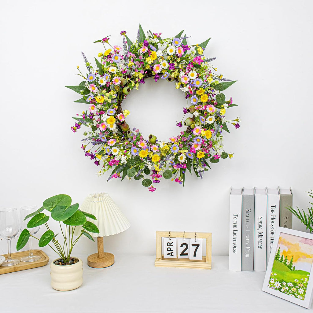 22 Inches Summer Wreaths for Front Door Green Spring Floral Wreath Summer Door Wreath Wildflower Wreaths with Lavender Daisy for Indoors Windows Porch Wall outside All Season