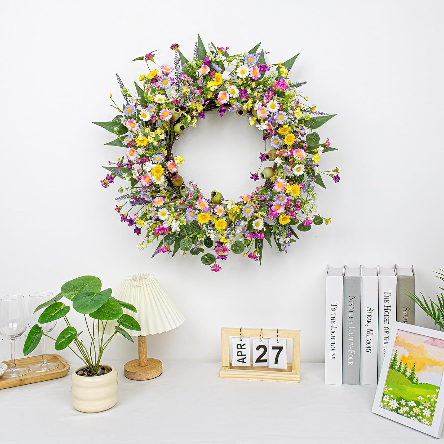 22 Inches Summer Wreaths for Front Door Green Spring Floral Wreath Summer Door Wreath Wildflower Wreaths with Lavender Daisy for Indoors Windows Porch Wall outside All Season