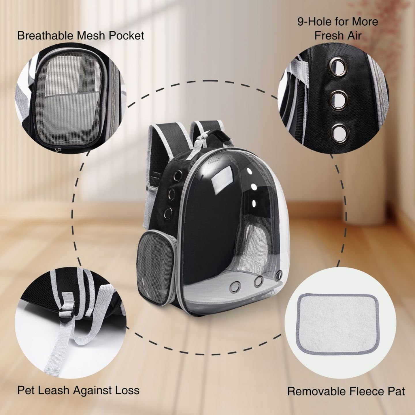 Large Cat Backpack Carrier with Folding Bowl and Teaser Stick for Cats up to 20Lbs with Ventilation and Padded Straps Mochila Para Gatos Transportadora Mascotas (Black)