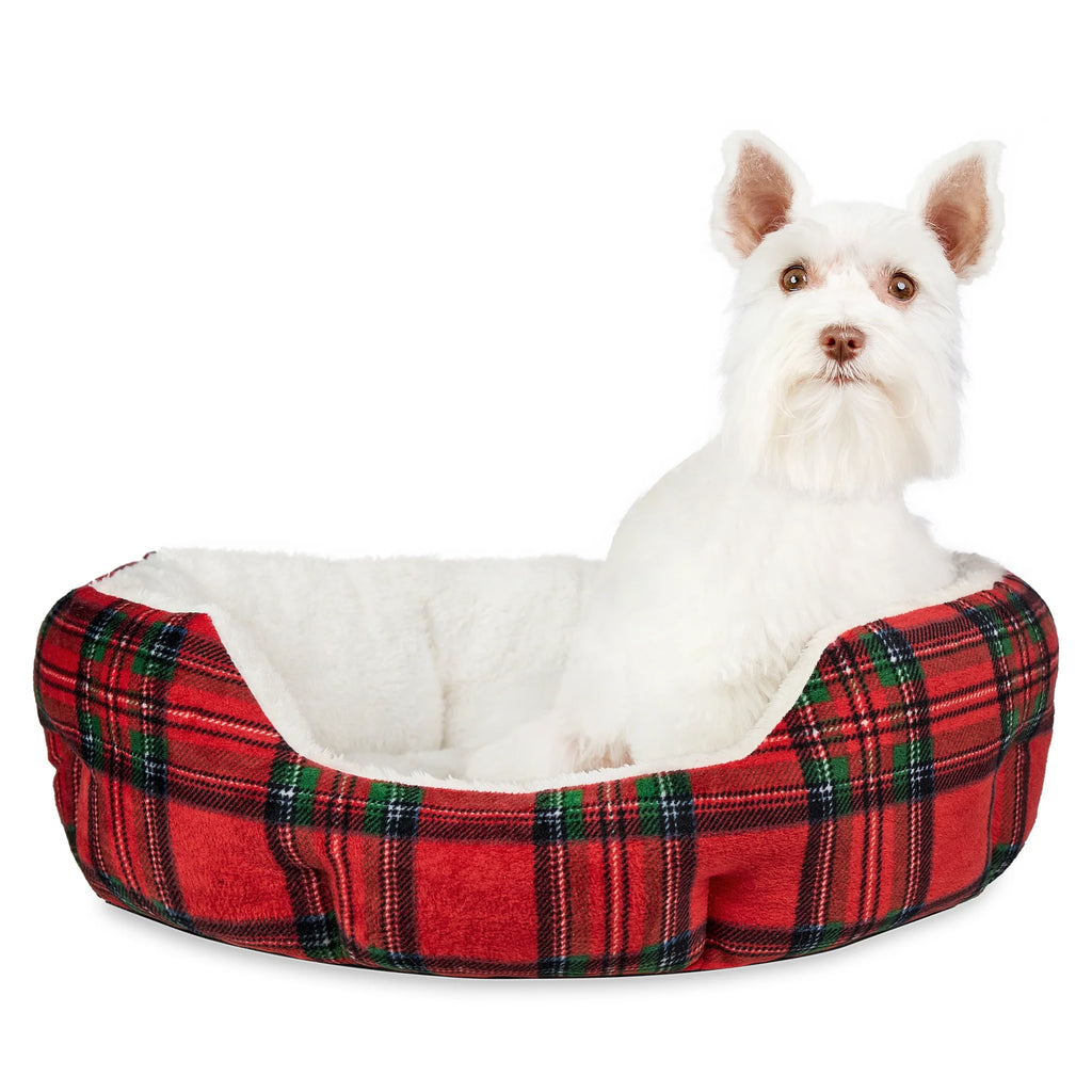 Dog Bed, Cat Bed, Puppy Bed, Plush Cuddle Bed for Small Breeds, 18" X 16", Red and Black Plaid