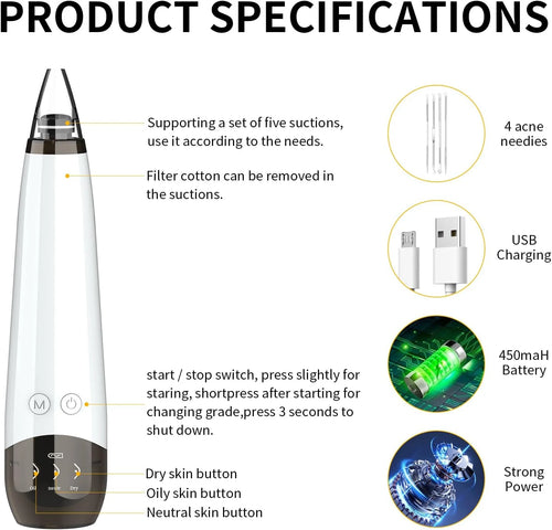 Advanced Blackhead Remover Vacuum - USB Rechargeable Pore Cleaner with 5 Probes for Flawless Skin
