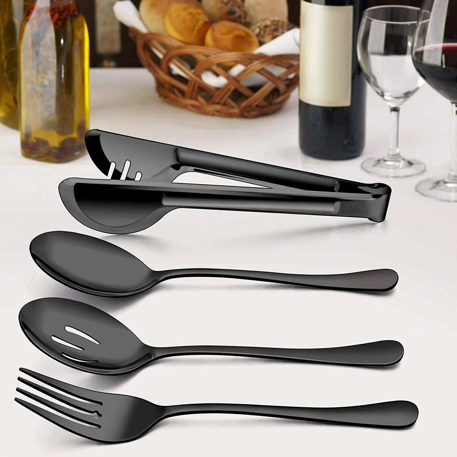 12-Piece Stainless Steel Black Serving Utensils, Include 3 Large Serving Spoons, 3 Slotted Serving Spoons, 3 Servin Tongs