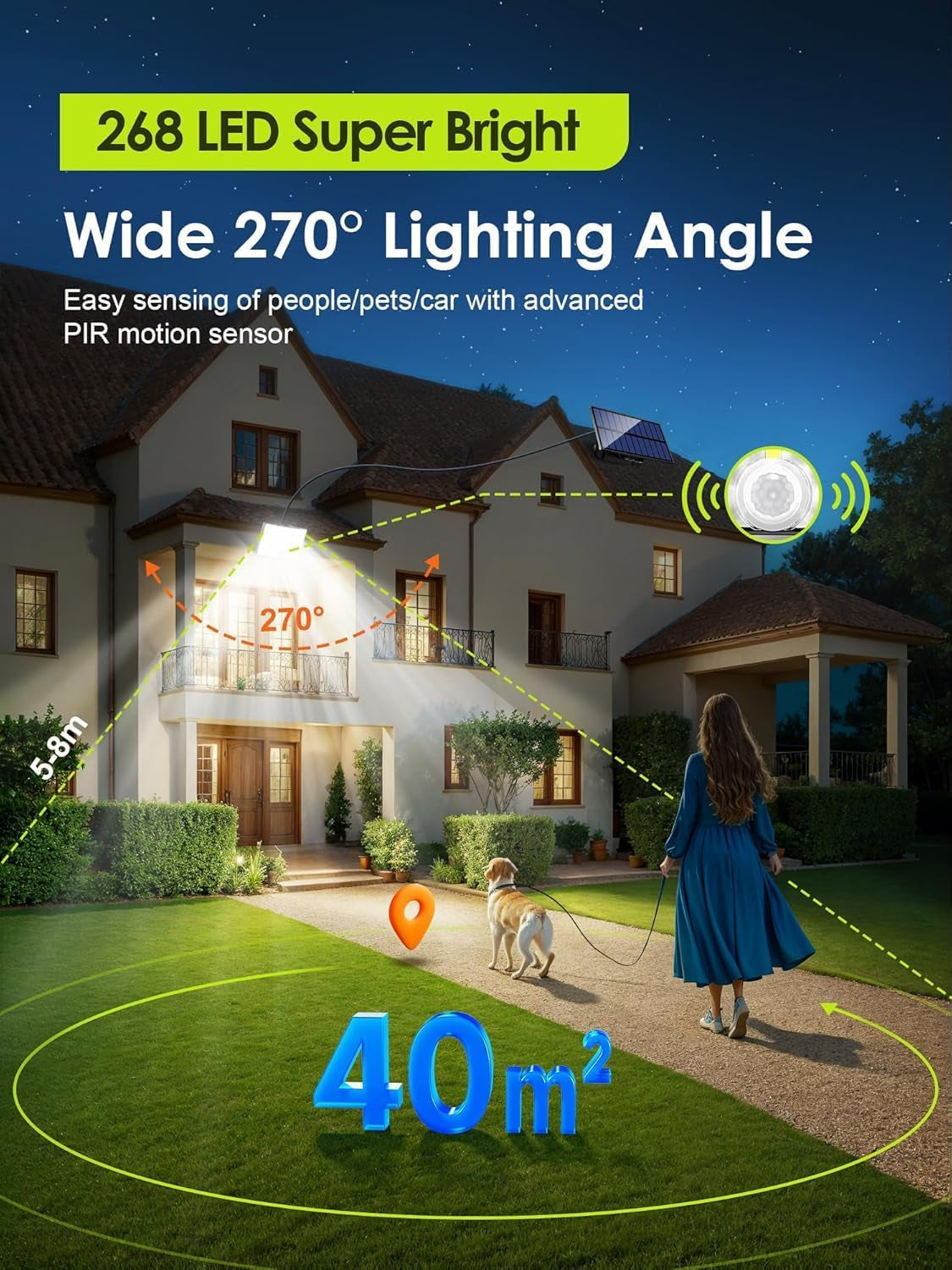 Solar Flood Lights Outdoor, [268LED/7M/5 Modes/2Pcs]Solar Motion Lights Outdoor Waterproof, REMOTE+IP65+ 8-12H USE Luces Solares Para Exteriores Lámparas Solares Para Exteriores,Yard,Doorway,Garage